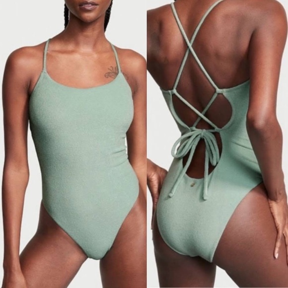 Victorias Secret terry bathing suit/bodysuit in sage green with lace up back. - Picture 1 of 5